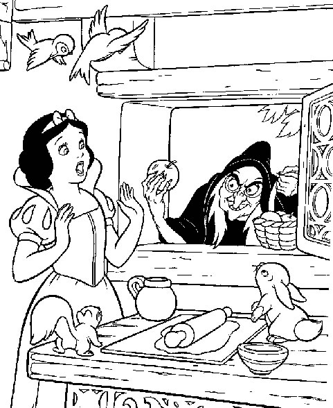 coloriage la mechante sorciere donne la pomme a blanche neige